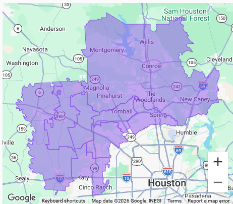 His Kingdom Electric service area map covering Waller, Tomball, Spring, Montgomery, Conroe, The Woodlands, Magnolia, Katy, Cinco Ranch and surrounding areas